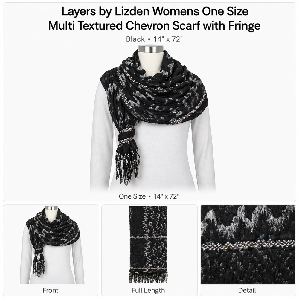 Layers by Lizden Womens Black Multi Textured Chevron Scarf with Fringe A230087